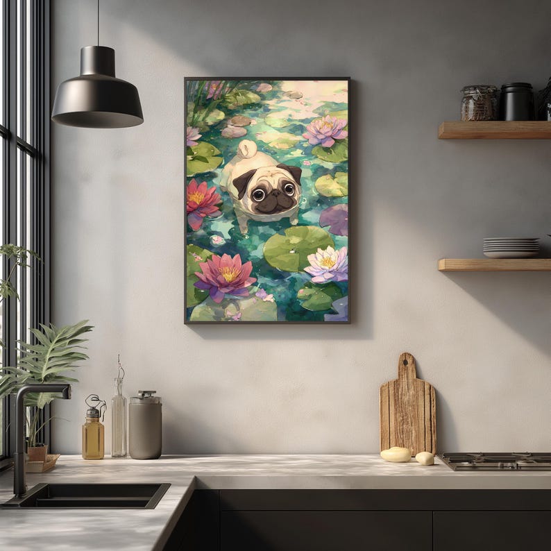 a pug dog swimming in a pond filled with lily pads and pink flowers, surrounded by a lush green environment.