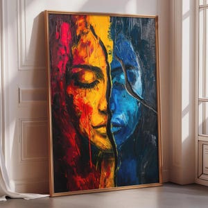 Emotional Faces Wall Art, Split Personality Abstract Portrait, Modern Psychological Poster, Colorful Drip Paint Print, Therapy Office Decor