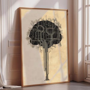 Puede incluir: Impresión artística enmarcada que presenta un diseño de árbol estilizado. La copa del árbol es una silueta negra llena de un patrón de placa de circuito, con ramas desnudas que se extienden desde ella. El tronco está compuesto por líneas verticales, sobre un fondo beige.