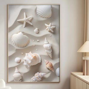 Coastal Seashell Wall Art Print, Beach Cottage Decor Poster, Starfish Sand Painting, Pastel Ocean Artwork, Nautical Bathroom Decor