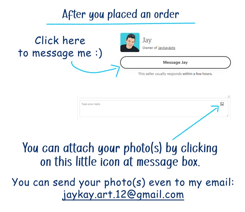 May include: A screenshot of a website showing a message box with a blue arrow pointing to it. The text says "Click here to message me :)" and "You can attach your photo(s) by clicking on this little icon at message box." The text also says "You can send your photo(s) even to my email: jaykay.art.12@gmail.com".