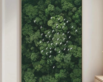 Forest Birds Arrow Wall Art, Aerial Nature Print, Direction Symbol Poster, Calming Green Landscape Artwork, Modern Office Decor