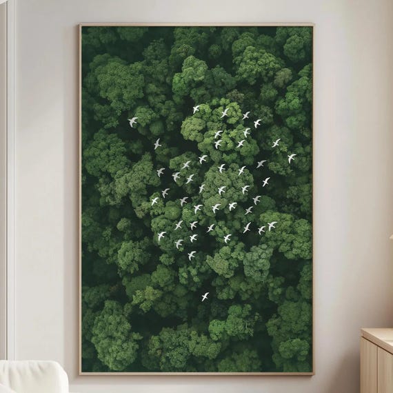Forest Birds Arrow Wall Art, Aerial Nature Print, Direction Symbol Poster, Calming Green Landscape Artwork, Modern Office Decor