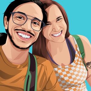 Custom Couple Portrait about a couple who is on a trip. They are wearing backpacks and taking a selfie. Custom Cartoon portrait with solid blue backgorund color. The man is wearing eyeglasse, the woman has a heart shape tatto on her arms. Custom art