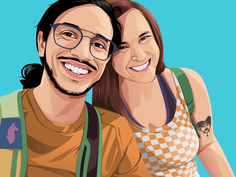 Custom Couple Portrait about a couple who is on a trip. They are wearing backpacks and taking a selfie. Custom Cartoon portrait with solid blue backgorund color. The man is wearing eyeglasse, the woman has a heart shape tatto on her arms. Custom art