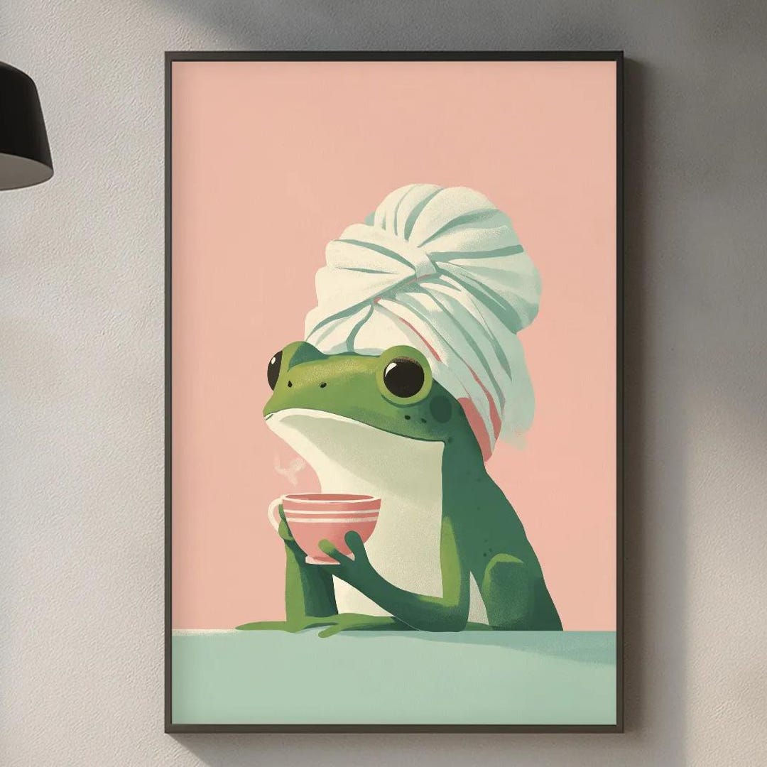 Cute Frog Bathroom Wall Art Print, Funny Spa Frog Poster With Towel and ...