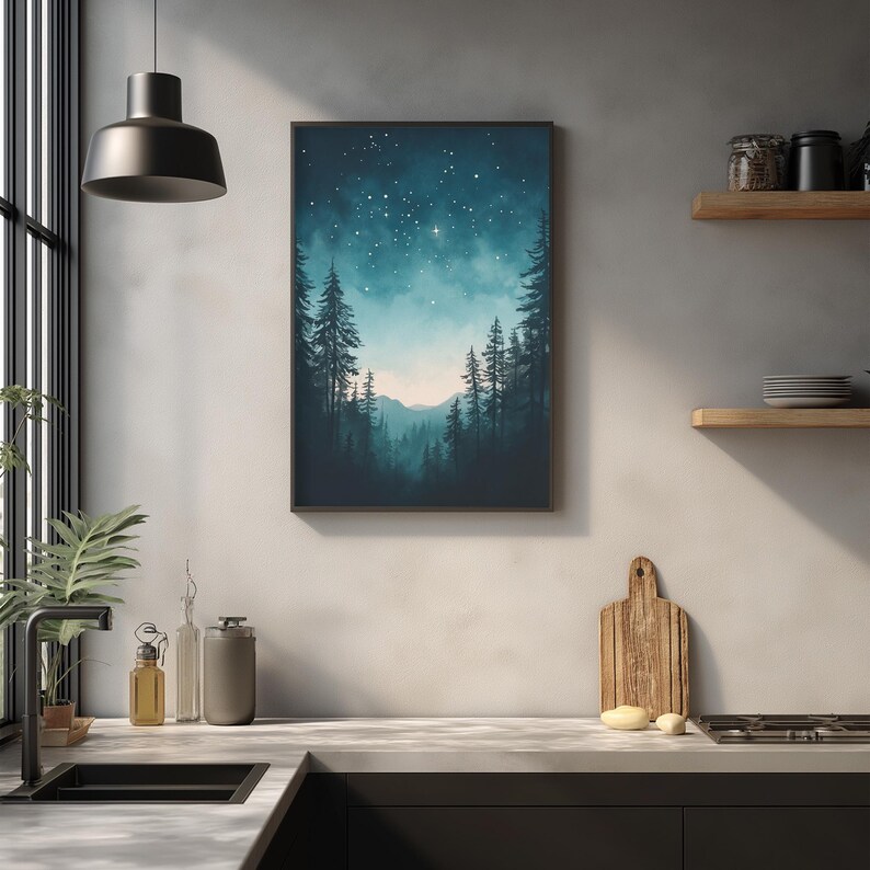 Starry Forest Wall Art Print – Scandinavian Night Sky Landscape ...