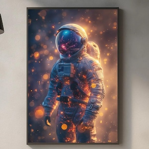 以下が含まれることがあります： 宇宙服を着た宇宙飛行士の詳細なイラストが描かれたフレームプリント。宇宙飛行士は、きらめく光と銀河で満たされた宇宙ヘルメットを背景にしています。カラーパレットには、青、オレンジ、白が含まれています。