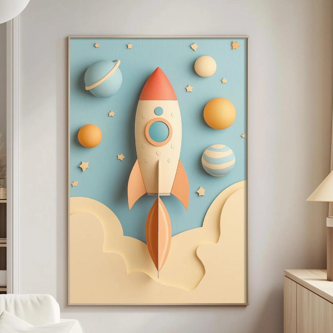 Paper Rocket Nursery Wall Art Print, Pastel Space Kids Room Decor ...