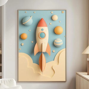Paper Rocket Nursery Wall Art Print, Pastel Space Kids Room Decor, Whimsical Rocket & Planet Illustration for Baby Nursery