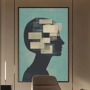 May include: Abstract art print showing a person's profile in silhouette against a light blue backdrop. The head is overlaid with rectangular shapes in white and grey. The artwork is framed in black.