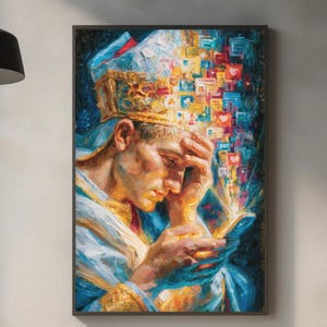 May include: A framed painting depicts a person in religious attire, wearing a gold crown and holding a smartphone. The artwork features a vibrant color palette with a mix of blues, yellows, and reds. Digital icons emanate from the phone, suggesting a theme of technology.