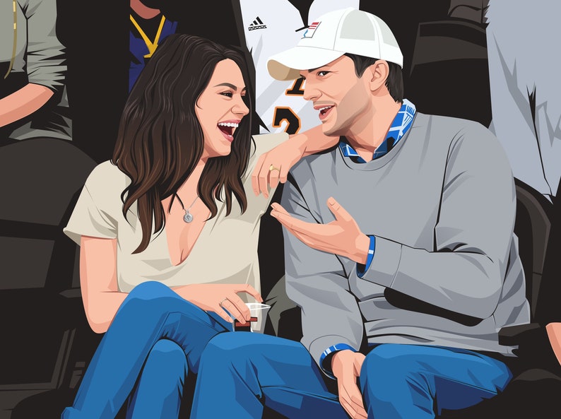 Mila Kunis and Ashton Kutcher Custom Cartoon Portrait while they are sitting at a basketball game. Mila Kunis is resting her arms on Ashton Kutcher shoulder while she is laughing on one of his jokes. The Portrait is made in custom cartoon style.