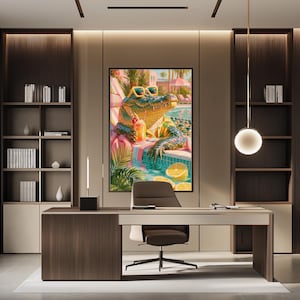 a modern office space with a large, colorful painting of a tropical scene hanging on the wall behind a desk. The desk has a chair and a lamp, creating a comfortable workspace.