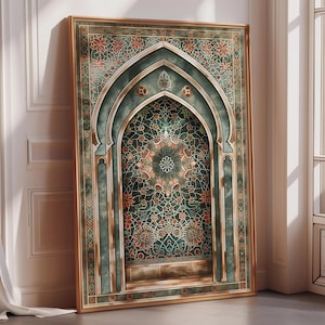 May include: A rectangular framed wall art piece featuring a pointed archway design. The artwork displays intricate green, teal, and orange floral patterns with geometric motifs. The frame is a light wood tone, surrounding the detailed illustration.