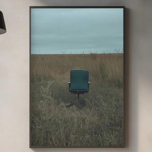 May include: A framed print featuring a teal office chair centered in a field of tall, dry grass under a cloudy sky. The artwork has a muted color palette, with the chair as the focal point.