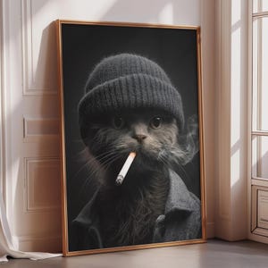 Cool Cat Wall Art Print with Beanie, Edgy Street Style Poster, Funny Smoking Cat Art, Urban Aesthetic Decor, Hipster Room Wall Art