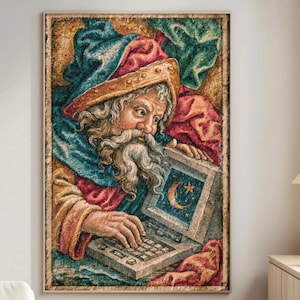 May include: A framed tapestry depicts an elderly man with a long white beard and a colorful hat, using an old computer. The computer screen displays a crescent moon and stars. The artwork has a vintage, Renaissance-style aesthetic.
