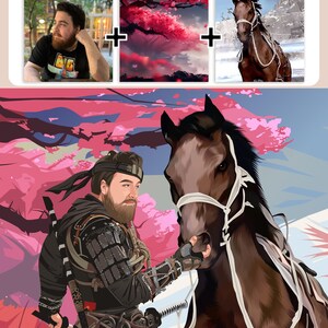 May include: A digital illustration of a man dressed as a samurai, with a beard and a black headband, standing next to a brown horse with a white bridle. The background is a pink and blue sky with pink cherry blossoms.