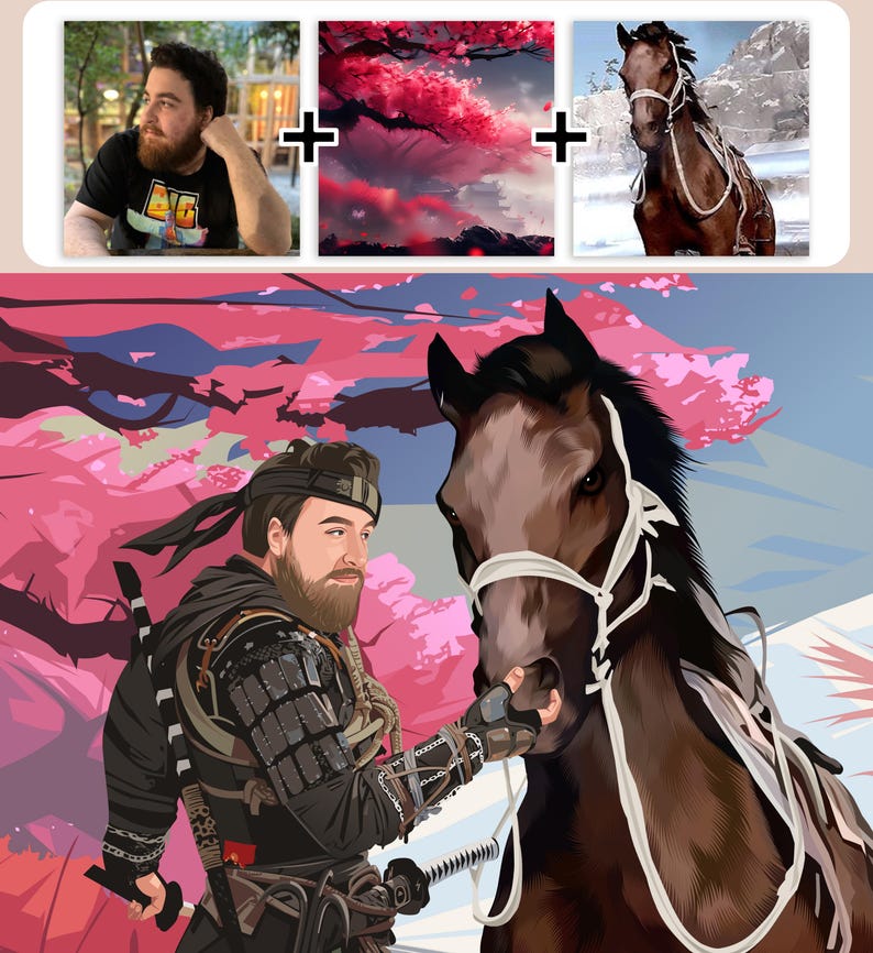 May include: A digital illustration of a man dressed as a samurai, with a beard and a black headband, standing next to a brown horse with a white bridle. The background is a pink and blue sky with pink cherry blossoms.