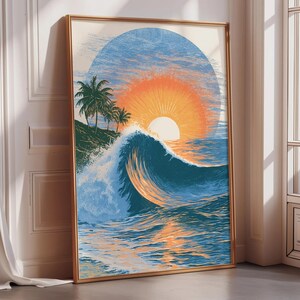Round Ocean Wave Sunset Wall Art - Coastal Tropical Surf Print for Living Room
