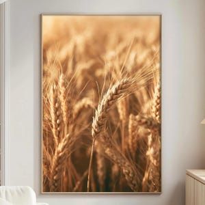 Könnte beinhalten: Ein vertikaler, rechteckiger Wandkunstdruck mit einer Nahaufnahme eines goldenen Weizenfeldes. Das Bild zeigt mehrere reife Weizenähren mit texturierten Körnern und langen Grannen, eingefangen in warmem Licht, das einen unscharfen Hintergrund erzeugt.