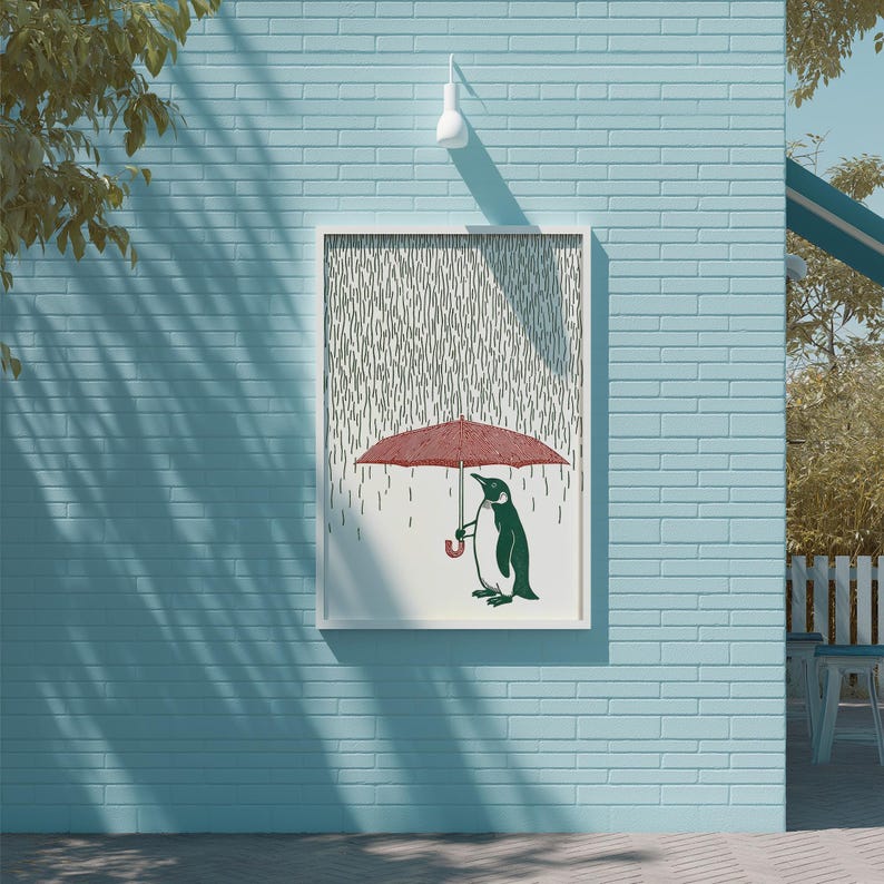 a penguin holding an umbrella, standing on a brick wall.