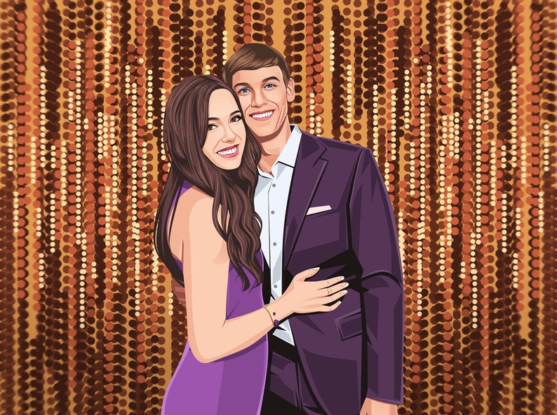 Couple Cartoon Portrait, Young Woman and Man standing on a senior prom, they are hugging each other on the photo. Custom Cartoon Family gift. The background is special goldish and bronze shade. Cute Couple Portrait Gift.