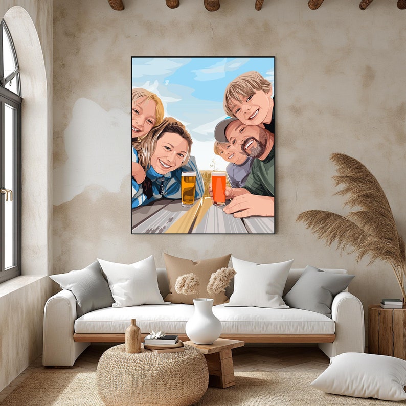 May include: A family of five poses for a photo, smiling and holding drinks. The photo is in a cartoon style, with a blue sky and green grass in the background.