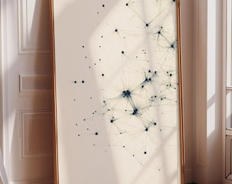 May include: Abstract art print in a gold frame. The artwork features a network of interconnected lines and dark blue dots on a cream-colored background. The framed art leans against a white wall.