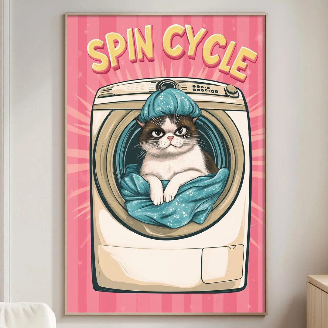Funny Laundry Room Cat Wall Art Print, Grumpy Cat Washing Machine ...