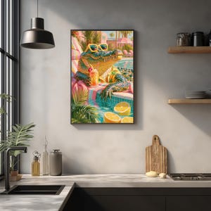 a vibrant and colorful painting of a crocodile lounging in a tropical pool, surrounded by various tropical elements such as palm trees, flowers, and fruit.