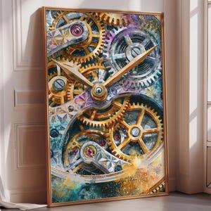 May include: Framed artwork featuring a detailed watercolor painting of clock gears and mechanisms. The gears are rendered in gold, silver, and bronze tones, with a clock face and hands. The background has a colorful, abstract watercolor effect.