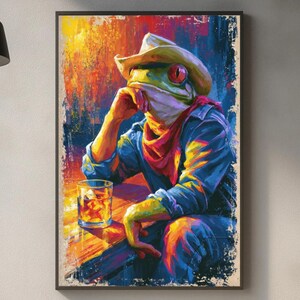 Frog Cowboy Saloon Wall Art, Funny Western Toad Poster, Vintage Spaghetti Western Print for Man Cave Decor