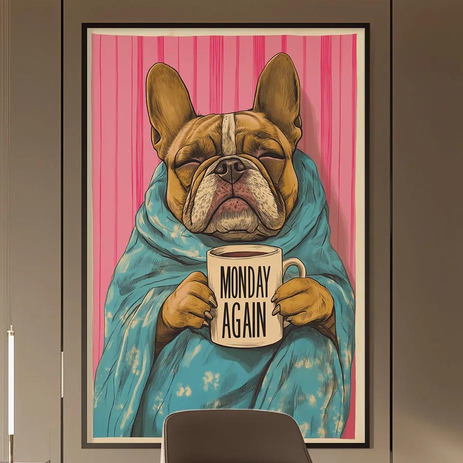 Funny Monday Again Dog Wall Art – Retro Coffee Dog Poster, Vintage