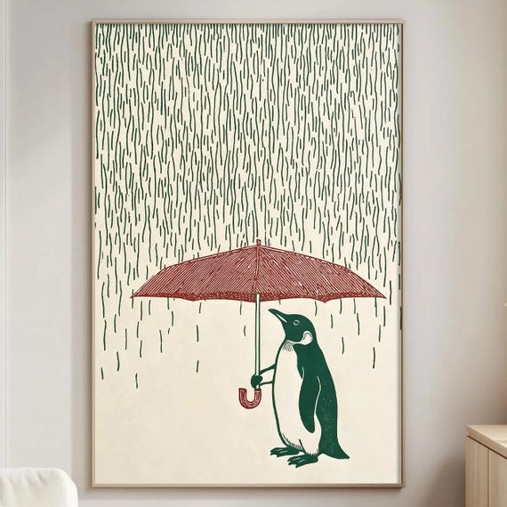 Penguin With Umbrella Wall Art Print, Whimsical Rainy Day Animal Nursery Decor