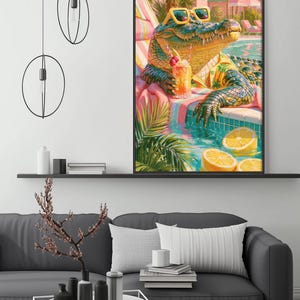 a large, colorful painting of a crocodile sitting in a pool, surrounded by tropical foliage and fruit.