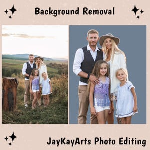 May include: Image showcasing a family before and after background removal. The original photo features a family of four in a field. The edited photo shows the family against a solid background. Text reads "Background Removal" and "JayKayArts Photo Editing."