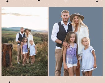 May include: Image showcasing a family before and after background removal. The original photo features a family of four in a field. The edited photo shows the family against a solid background. Text reads "Background Removal" and "JayKayArts Photo Editing."