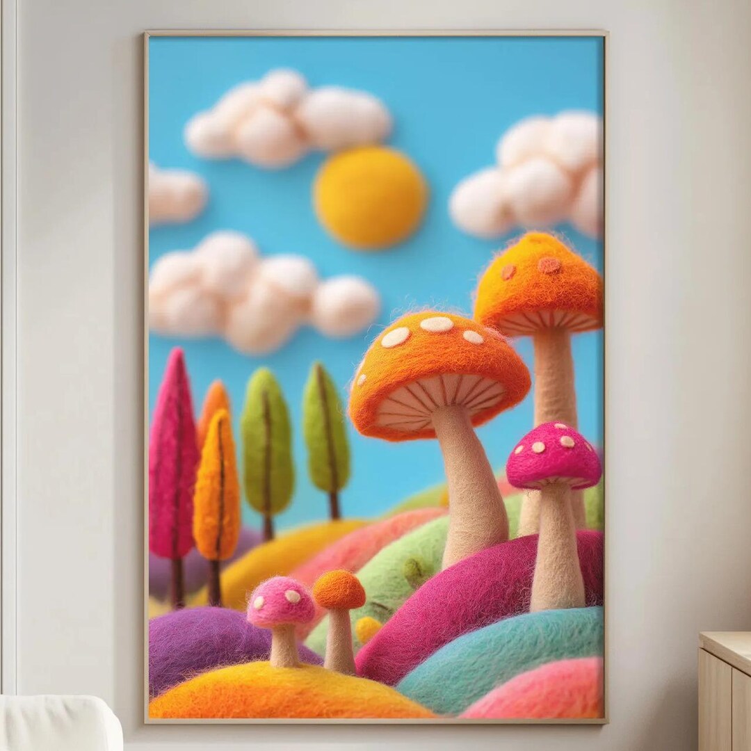 Whimsical Mushroom Wall Art Print, 3D Felt Fantasy Landscape, Pastel ...