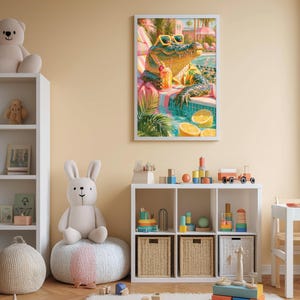 A child's bedroom with a large stuffed rabbit, a toy train, and a colorful painting of a tropical scene with a crocodile and other animals.