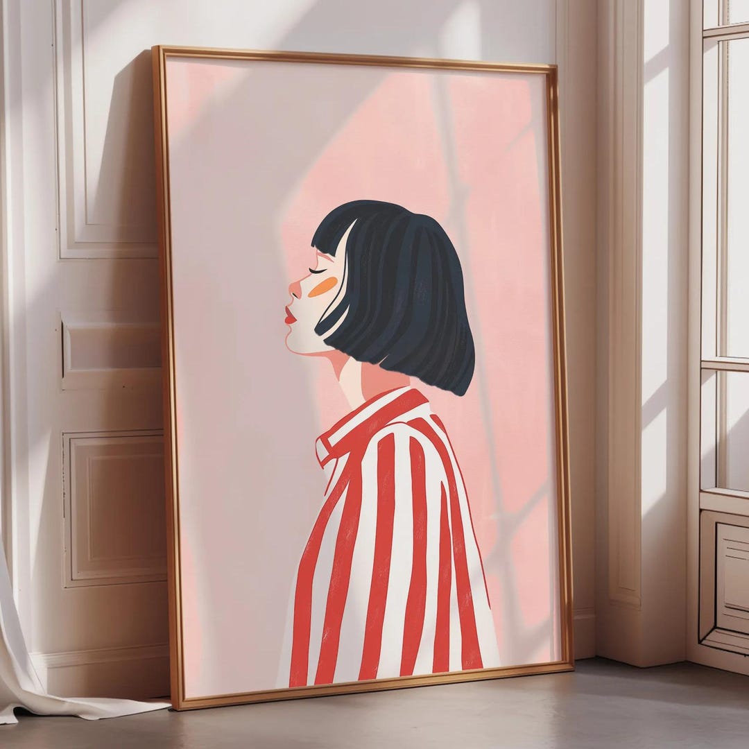 Minimalist Fashion Wall Art Print, Woman Portrait Poster, Red Striped ...