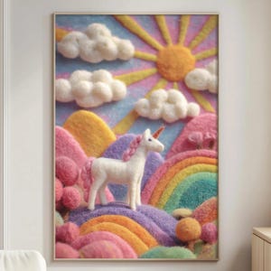Unicorn Wall Art Print, 3D Felt Rainbow Fantasy Landscape, Pastel Nursery Decor, Cute Kids Room Wall Art, Whimsical Fairy Tale Poster