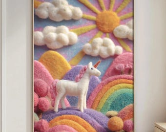 Unicorn Wall Art Print, 3D Felt Rainbow Fantasy Landscape, Pastel Nursery Decor, Cute Kids Room Wall Art, Whimsical Fairy Tale Poster