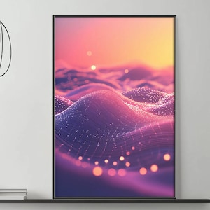 May include: Abstract digital art print in a black frame. The artwork features a gradient of colors, transitioning from a warm yellow and orange sky to shades of purple and pink in the foreground. The design includes a network of interconnected lines and dots, creating a textured, undulating landscape.