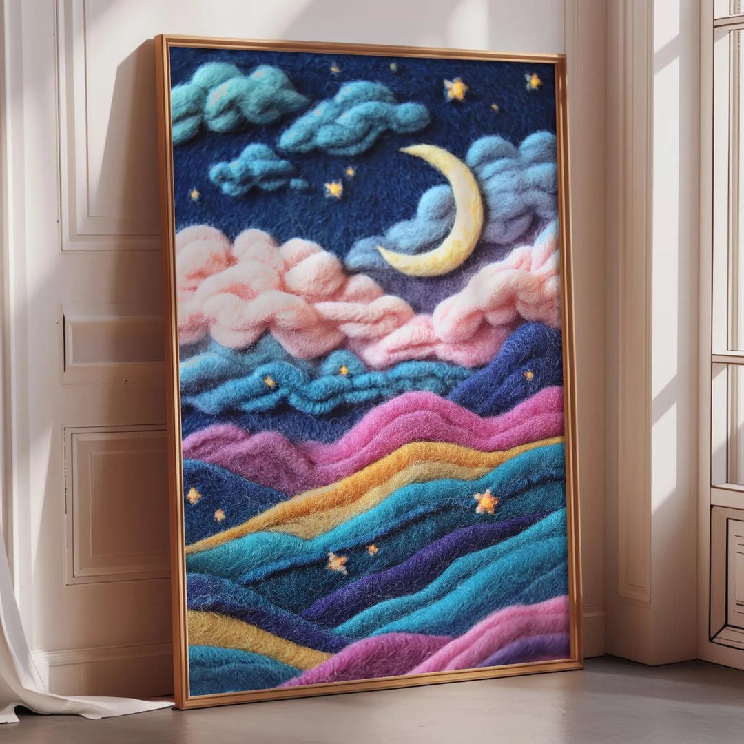 Moon and Stars Nursery Wall Art Print, Dreamy Night Sky Felt Landscape ...