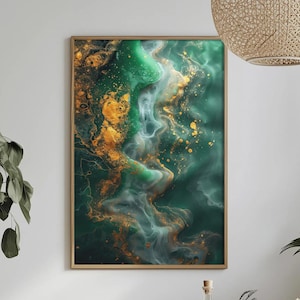 May include: Abstract art print featuring a swirling design in shades of green, gold, and white. The artwork is framed in a light brown wooden frame, creating a modern and elegant aesthetic. The colors blend to create a sense of depth and movement.