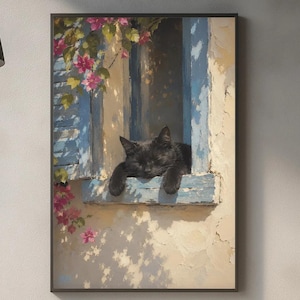 Sleeping Black Cat Wall Art Print, Mediterranean Window Cat Painting, Cozy Decor
