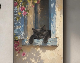 Wandbild „Schlafende schwarze Katze“, mediterranes Fensterbild mit Katze, gemütliche Dekoration