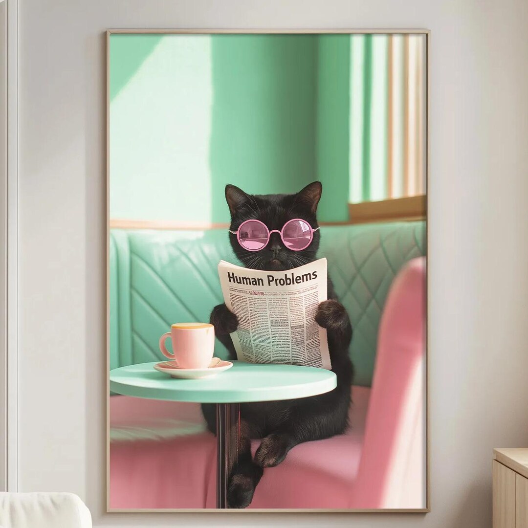 Funny Black Cat Coffee Wall Art Print, Sarcastic Cat Café Poster, Retro ...